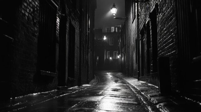Fototapeta A haunting monochrome view of a dark, narrow street at nighttime atmosphere