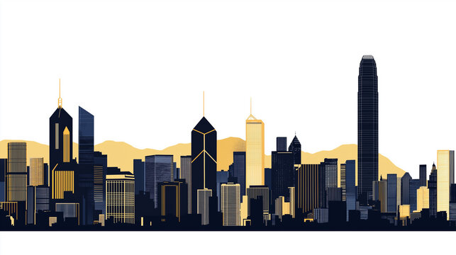 Hong kong city skyline with Asia sleek silhouettes on white background 