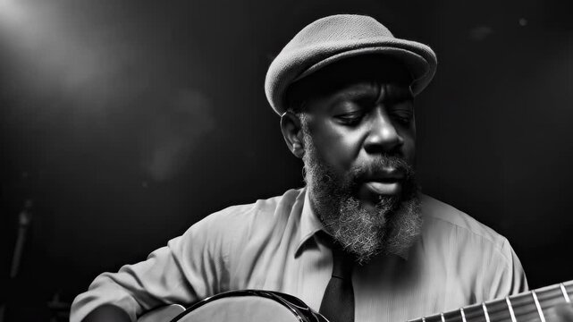 Jazzman playing banjo and singing on stage in night club, jazz session in bw vintage footage of musician under stage lighting in night music club, camera flies around soloist to left making close up
