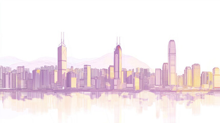 Hong kong city skyline with Asia sleek silhouettes on white background 