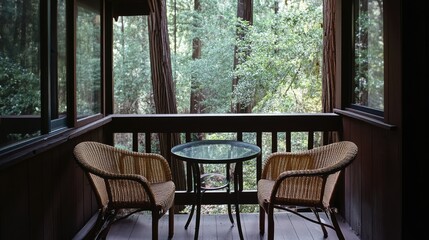 Wooden porch with wicker chairs and a small table overlooking a forest.