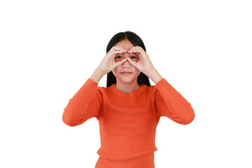 Portrait Asian young girl looking through hands imaginary binocular isolated on white. Image half length, Advertising concept.