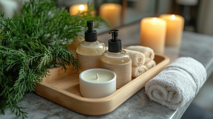 Spa essentials composition candles towels and toiletries arranged for relaxation