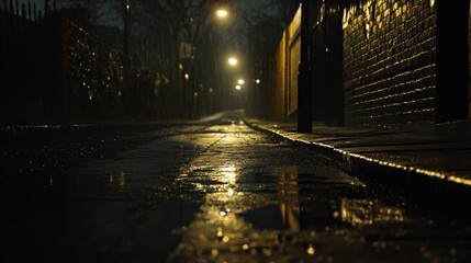 Atmospheric view of a rainy street illuminated by streetlights at night