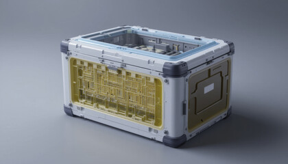 Futuristic, transparent storage container with intricate circuit patterns its sides, showcasing sleek, modern design. container is primarily white with blue and yellow accents, set against neutral