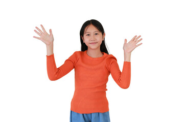 Portrait of Asian girl child preteen open hands posture, raised arms isolated on white studio background.