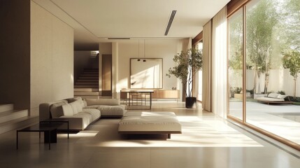 Fototapeta premium Bright modern villa interior with garden view providing an upscale living space