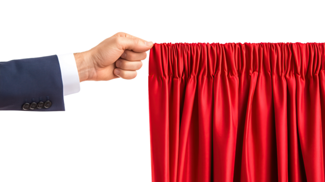 Businessman's hand holding red curtain, isolated on transparent background. PNG
