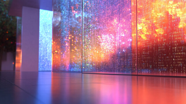 Hyper-realistic 3D render of a glass screen showing evolving AI-generated artwork, code cascading in the background, reflections on the surface