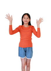 Portrait smiling Asian girl child age 10-11 years old showing palm hands hello or waving isolated on white background.