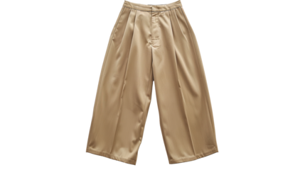 Wide leg pants in neat neutral beige fabric, isolated on transparent background. PNG