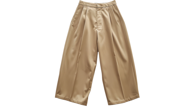 Wide leg pants in neat neutral beige fabric, isolated on transparent background. PNG