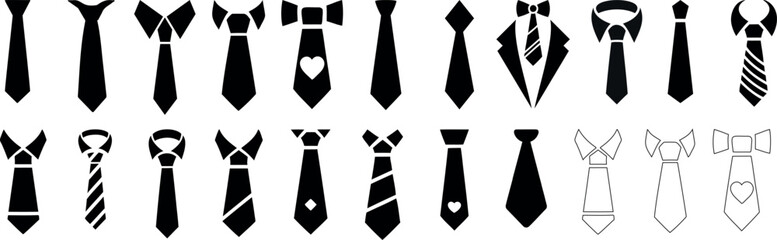 Tie silhouette collection for fashion design and business graphics. Includes various tie icon shapes, necktie icons, and bow tie styles in black  for creative, professional, and corporate presentation