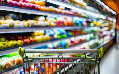 A shopping cart by a store shelf in a supermarket