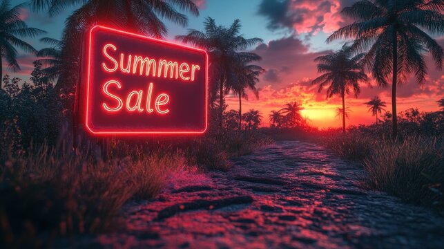 Summer sale neon sign tropical sunset