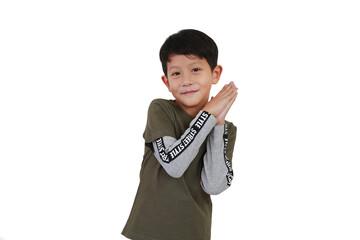 Portrait of cheerful Asian little boy showing sleep gesture isolated on white background.
