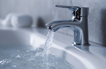 Water flowing from a modern chrome faucet