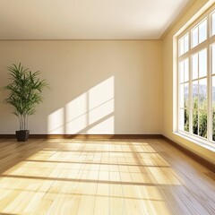 Obraz premium Sunlit empty room with hardwood floors, large window showing a landscape view, and a potted plant