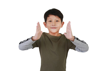 Portrait cheerful Asian little boy kid making hands between something empty space isolated on white studio background. Advertising, product and promotion ideas concept.