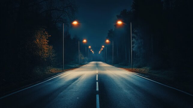 Enigmatic night road illuminated by streetlights cutting through dense forest