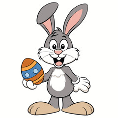 Obraz premium Cheerful cartoon easter bunny holding a decorated egg with big smiling face