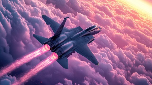Fighter jet soars above vibrant, ethereal clouds during a picturesque sunset