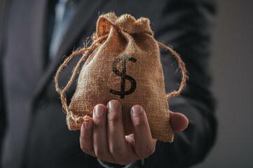 A man in a suit holds a burlap bag with a dollar sign, symbolizing money, finance, or wealth.