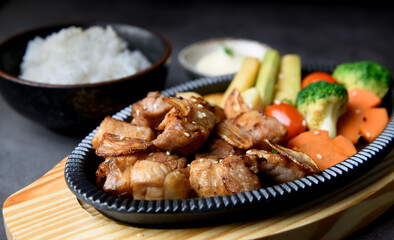 Japanese-Style Pork Steak Cubes with Rice and Vegetables