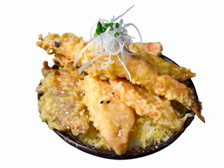 Japanese Tempura Donburi with Shrimp and Vegetable Tempura.
