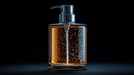 Transparent bottle with amber liquid and pump dispenser against a black background