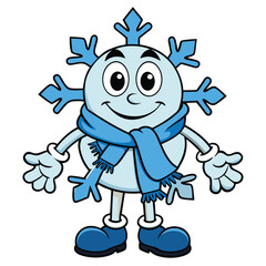 Cheerful cartoon snowflake character wearing a blue scarf and winter boots smiling warmly