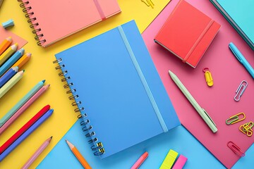 Flat Lay with Notebooks and Stationery a Flat Lay Showcasing Colorful Notebooks and Stationery on