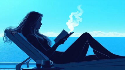 A long-haired woman is lying on a comfortable chaise lounge on the deck of a cruise ship, reading a book intently. A steaming cup of coffee sits on a small coffee table next to her.  