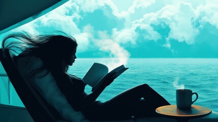 A long-haired woman is lying on a comfortable chaise lounge on the deck of a cruise ship, reading a book intently. A steaming cup of coffee sits on a small coffee table next to her.