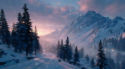 Gentle snowfall in alpine forest with soft flakes falling and atmospheric lighting during dusk
