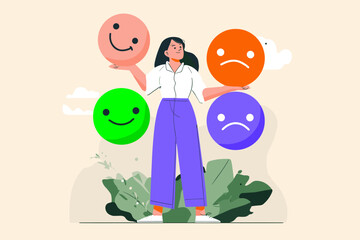 Woman Evaluating Feedback: A stylish woman thoughtfully considers various feedback emojis, symbolizing the process of evaluating customer reviews or online feedback.