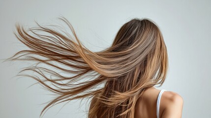 Fototapeta premium A back view of a girl flipping her long locks