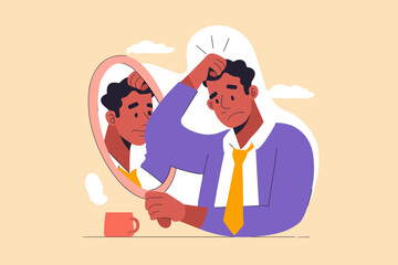 Self-Reflection: A person gazing at his reflection with concern about hair health. A captivating illustration depicting a moment of self-assessment and introspection. 