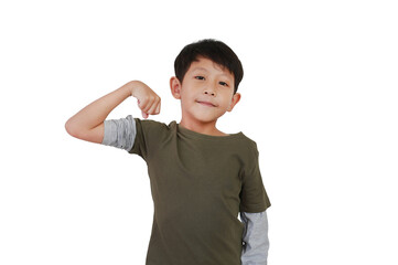 Portrait of smiling Asian boy child show muscles and biceps isolated on white background.