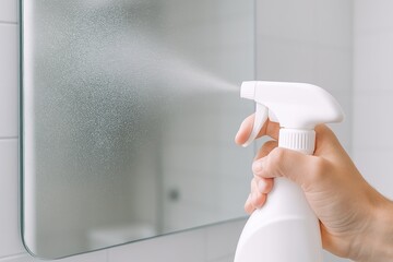 Hand spraying cleaning solution on mirror for streak-free shine"
