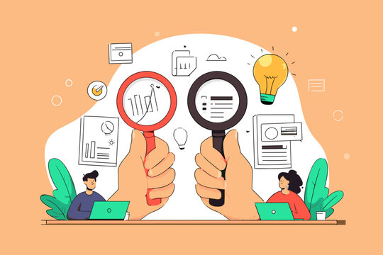 Business Insights: Two hands meticulously analyze data, with a strategic approach to illuminate key insights through a pair of magnifying glasses.