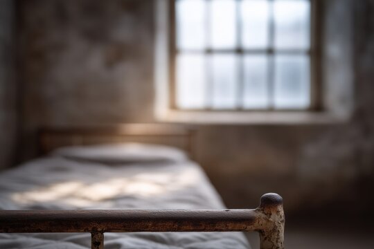Solitary confinement inside prison cell with iron bedframe and weathered walls