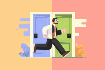 Businessman Running Through Doors: A stylized illustration of a businessman running between two doors, symbolizing choices and opportunities in the corporate world.
