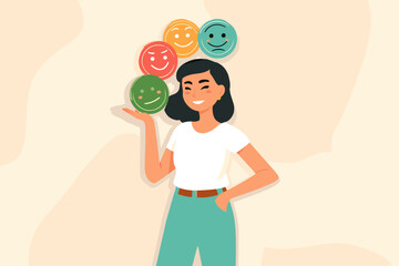 Mood Management: A young lady carefully balances emotional icon, exemplifying mindfulness and emotional intelligence in managing her mental states.