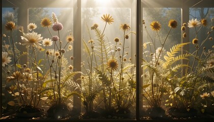 Golden Botanical Vignettes: Pressed Flowers Illuminated by Sunlight.