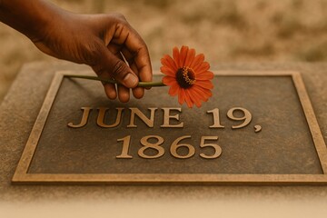 Honoring Juneteenth with a memorial tribute gesture - A hand places a fresh flower on a memorial plaque engraved with the words “June 19, 1865”