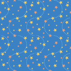 Colorful stars seamless pattern.Night Blue sky and line background.Abstract cute graphic illustration design for Holiday festival decoration,Christmas,birthday,texture, print decor,fabric,wallpaper.