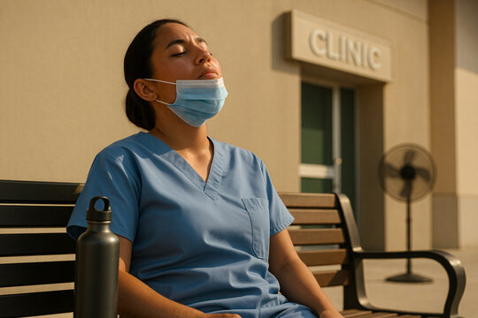 Exhausted Healthcare Worker Resting in Extreme Heat Outside Clinic. Concept of Heatwave and Medical System Strain