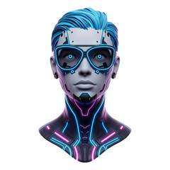 Futuristic cyberpunk bust with neon lights on transparent background