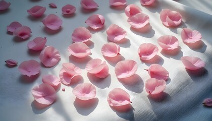 
Delicate pink petals lie scattered on a linen surface, their soft hues illuminated by gentle sunlight, evoking a tranquil, romantic charm.